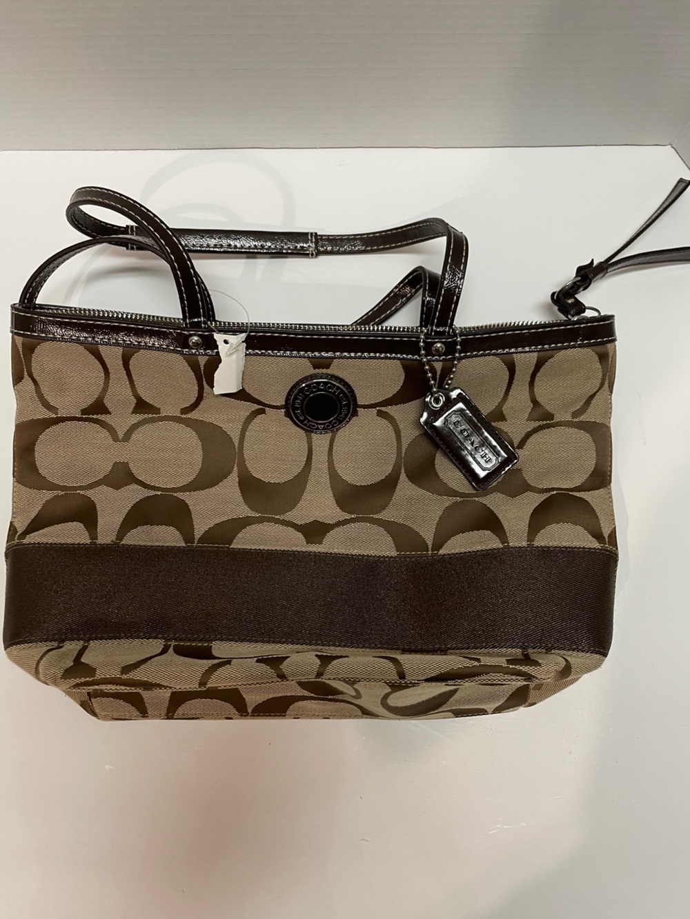 Vintage Coach Signature Jacquard Tote / Shoulder Bag - Khaki & Chocolate Brown